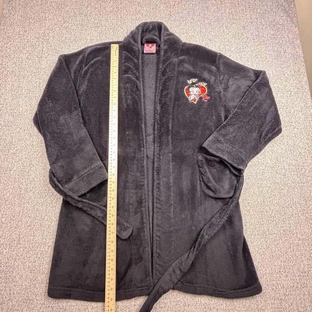 VTG Betty Boop Embroidered Patch Black Fleece Bathrobe Women's - Picture 4 of 7